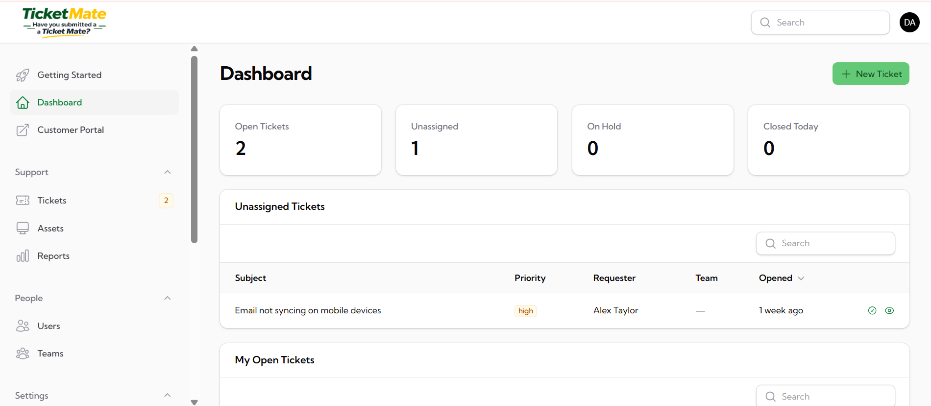 TicketMate agent dashboard: live ticket queue, unassigned tickets, and team workload at a glance